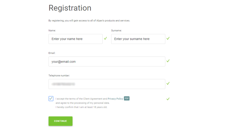 Enter details for registration with Alpari