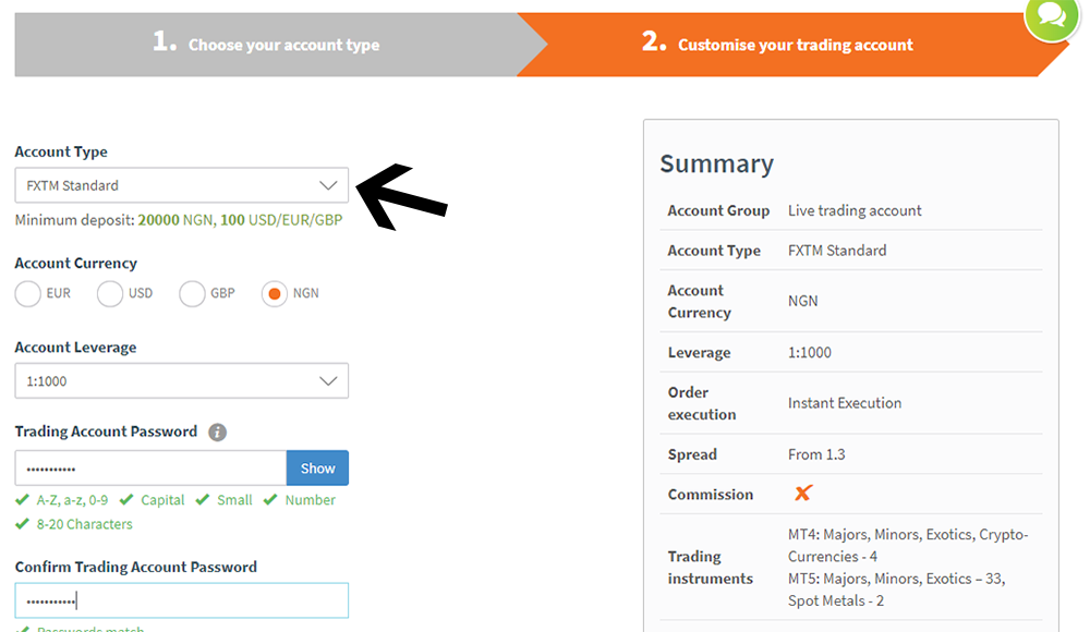 Select FXTM Account Type