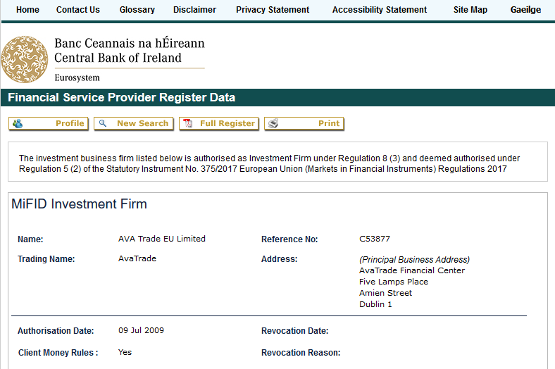 AvaTrade Regulation with Bank of Ireland