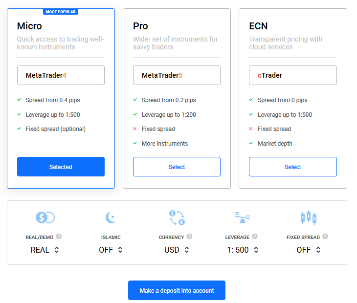 OctaFX select account types